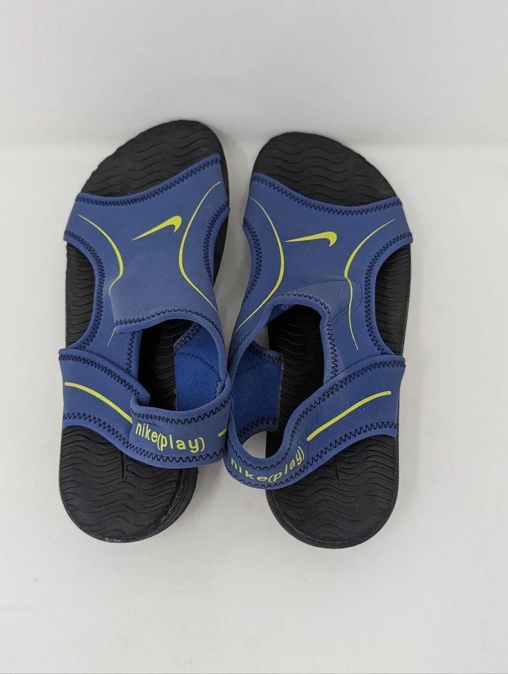 Nike Blue & Neon Yellow Slip-On Sandals, Size 5Y/ Fits Women 6.5